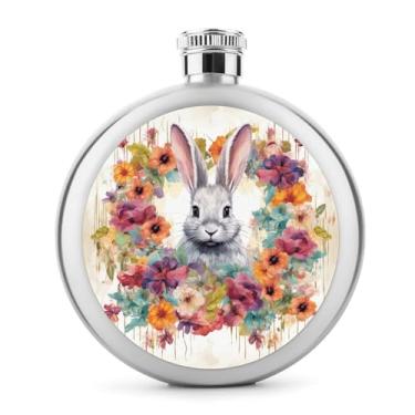 Imagem de Cantil de aço inoxidável, estampa de coelho e flores em aquarela, clássico, cantil, cantil, cantil, garrafa portátil de metal