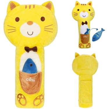Imagem de Almofada de carro infantil, travesseiro de cinto de segurança em forma de gato fofo com bolso e peixe de brinquedo, para viagens ou casa