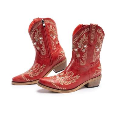 Imagem de Cusolemore Botas De Cowboy Vermelhas Femininas, Estilo Cowgirl, Com Strass Brilhantes Bordados, Cano Curto Western, Zíper Lateral, Tamanho 11