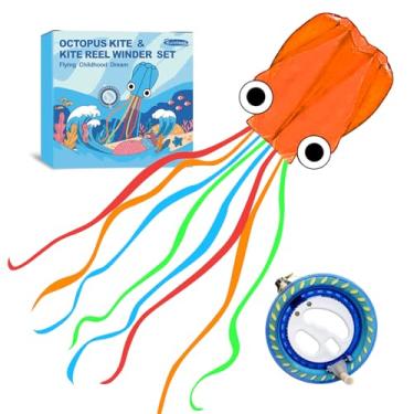 Imagem de Kaiciuss Conjunto De Pipa E Carretilha Octopus, Fácil Pilotar Para Viagens À Praia, Nice Winder Crianças Adultos, Estilo Sem Moldura Linha Única Com Kit Rodas 7,2" (Laranja)