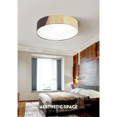 Imagem de Plafon Luminária de teto decorativa para casa, MD-3076 nórdicas em tecido e madeira 3 lâmpadas com difusor em poliestireno