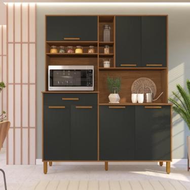 Imagem de Armário De Cozinha Compacta Fidelitá Amsterdã 160cm 7 Portas 1 Gaveta Com Tampo e Fundo Freijó/Preto