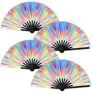 Imagem de VZZNN 4 peças de ventilador de mão para dança de linha - Ventiladores de rave dobráveis holográficos com brilho UV, ventiladores grandes de 63,5 cm com costelas de bambu, acessórios de festival EDM
