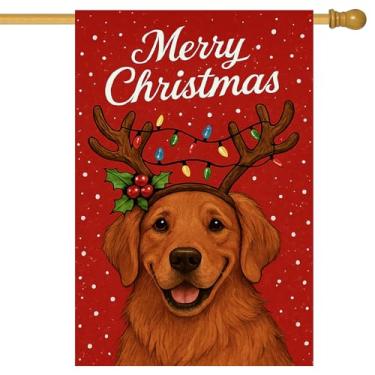 Imagem de BlissYard Bandeira de jardim de Feliz Natal Golden Retriever Bandeiras de chifres de rena para cães 71 x 101 cm Bandeiras grandes de quintal dupla face para amantes de cães varanda casa ao ar livre