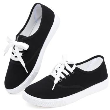 Imagem de Tênis feminino de lona branco leve com cadarço moderno confortável sapatos de lona cano baixo sem cadarço casual tênis caminhada calçados femininos, Cadarço preto, 37