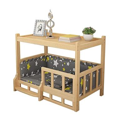 Imagem de TsoLay Cama de cachorro de camada dupla para cães Cama elevada para animais de estimação com colchão, cama de madeira para cachorro com corrimão de segurança, casa de cachorro adequada para gatos e