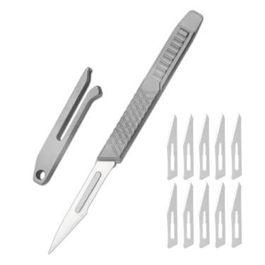 Imagem de TGZUO Faca de bisturi TC4 de titânio para uso externo, 10 peças, lâminas de aço carbono nº 11