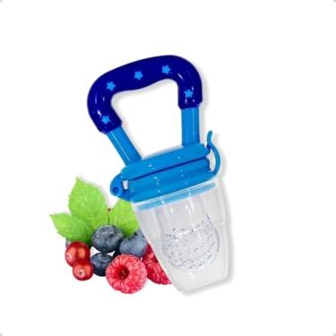 Imagem de Mordedor Alimentador de Frutas para Bebê, Chupeta Silicone Transparente com Alça em Arco, Sistema de Trava Seguro (Azul)