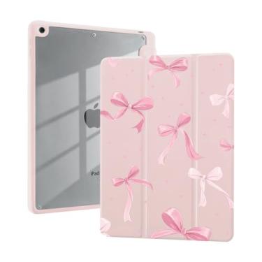 Imagem de Linda capa de fita de laço para iPad 9ª/7ª/8ª geração (2021/2020/2019, 10,2 polegadas) com suporte para lápis com três dobras, couro rosa, capa feminina transparente traseira transparente despertar