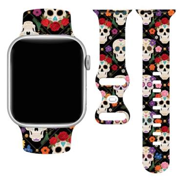 Imagem de Pulseiras esportivas femininas Day of the Dead de caveira açucarada, compatíveis com Apple Watch de 42/44/45/49 mm, pulseiras de silicone de esqueleto vermelho para IWatch séries 10 9 8 7 Se Ultra