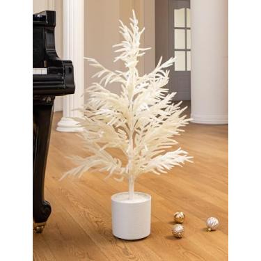 Imagem de Árvore de Natal branca de 91 cm com vaso Norfolk Pinheiro artificial pequena árvore de Natal para varanda da frente, decoração de Natal ao ar livre, interior, decorações de Halloween