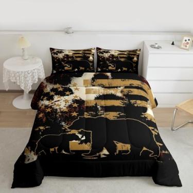 Imagem de jejeloiu Conjunto de edredom queen com urso, para crianças, meninos, meninas, casa de fazenda ocidental, edredom e árvore, 3 peças com 2 fronhas