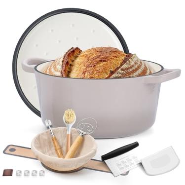 Imagem de E-far Panela de forno holandês esmaltada para assar pão, panelas de ferro fundido esmaltado de 6 litros com tampa autobasting e suprimentos para assar pão de fermento, caçarola resistente e alças