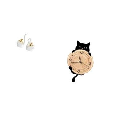 Imagem de Fenteer Conjunto de Decoração de Mesa E Relógio de Parede com Casal de Cisnes Elegantes para Estante, Entrada, Escritório, Quarto, Quarto de Criança, Arte E a