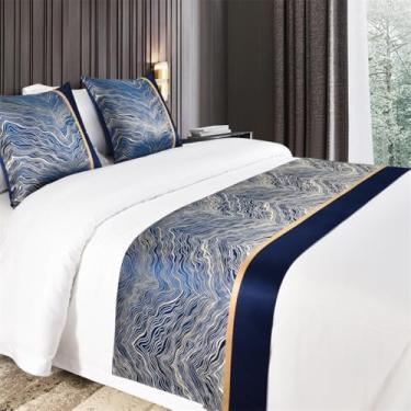 Imagem de WMLTZFUS Caminho de cama jacquard design bordado decorativo base sedosa suave, ideal para reforma de quarto decoração de férias luxo casa realce azul |||50 * 210 cm para cama de 1,5 m