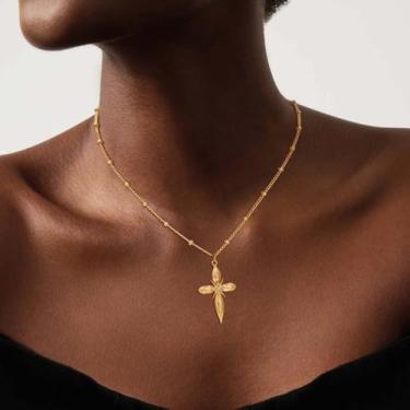 Imagem de Colar feminino com pingente de cruz de ouro delicado banhado a ouro 14 K, simples, minimalista, delicado, feito à mão, joia moderna, Medium, Latão, Sem Pedra Preciosa