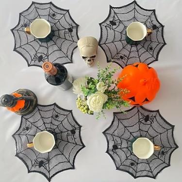 Imagem de 4 peças de jogo americano de renda preta de poliéster, tapetes de mesa redondos de Halloween, guardanapos de decoração de mesa, tapetes de prato de estilo ocidental, decoração de casa