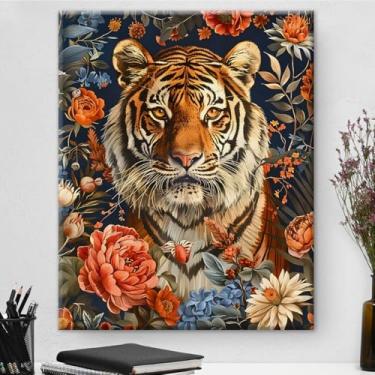 Imagem de Arte de parede botânica vintage emoldurada de tigre majestoso de Bengala - Decoração de parede com flores escuras Academia para sala de estar quarto casa 20 x 25 cm