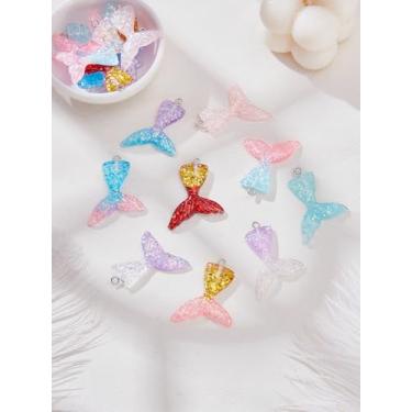 Imagem de Pingentes de plástico de 9 cores, pingente de cauda de peixe de sereia de resina, pingentes em forma de cauda de sereia azul roxo verde rosa com laço de platina e paillette para fazer joias DIY, 3 x