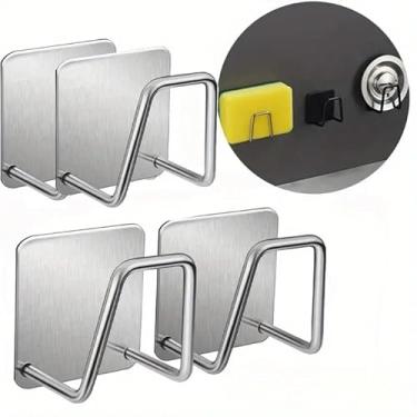 Imagem de 4 peças/conjunto de prateleira de armazenamento de aço inoxidável prateleira de drenagem de pia de cozinha, suporte de esponja de banheiro, ganchos de esponja de limpeza