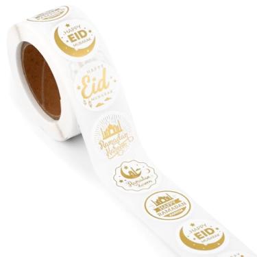 Imagem de 2 rolos de adesivos Eid Mubarak, adesivos Happy Ramadan Kareem de 2,5 cm folha dourada adesivos islâmicos Eid Al Adha adesivos decalques lembrancinhas para decorações de suprimentos Eid