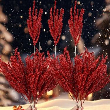 Imagem de 3 peças de caule de bagas artificiais de Natal vermelho azevinho flores falsas planta árvore de Natal festa de ano novo decoração de casa ornamento presentes