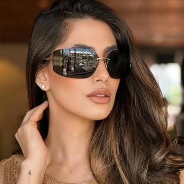 Imagem de Óculos de sol quadrados modernos sem aro para mulheres e homens, óculos de sol grandes e modernos com armação grande, Cinza escuro