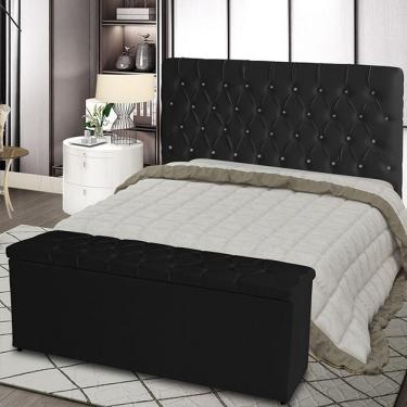Imagem de Kit Cabeceira De Cama Box E Calçadeira Baú Paris King 195 Cm 195 X126 Capitonê Courino Preto Eli Móveis