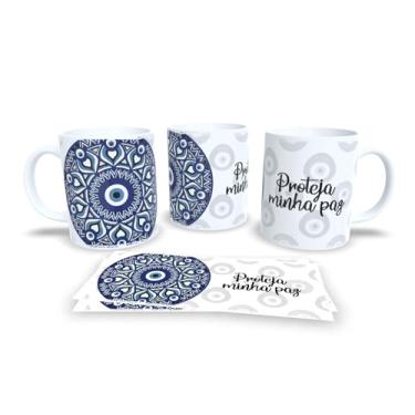Imagem de Caneca Evil Eye Proteção, Porcelana Branca com Olho Grego Azul, Design Místico com Padrão de Amuletos, Livrai-me de Todo o Mal (10564)