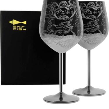 Imagem de Sky Fish Taças de vinho de aço inoxidável banhado a preto, gravadas com gravuras barrocas intrincadas e autênticas, taças de vinho estilo real, conjunto de 2 (500 ml)