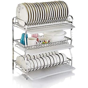 Imagem de BSNANCA Escorredor de pratos de aço inoxidável de 3 níveis com placa de drenagem, suporte de tábua de corte, suporte de faca e suporte de copo, escorredor de pratos à prova de ferrugem para cozinha