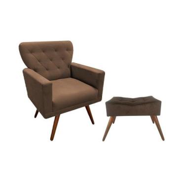 Imagem de Kit Poltrona Decorativa Aurora + 1 Puff Retangular Suede Marrom Pés Ma