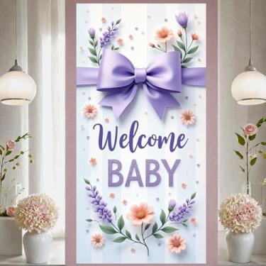 Imagem de Faixa de chá de bebê com laço rosa It's A Girl Welcome Baby Bow Banner (laço roxo flor bebê)