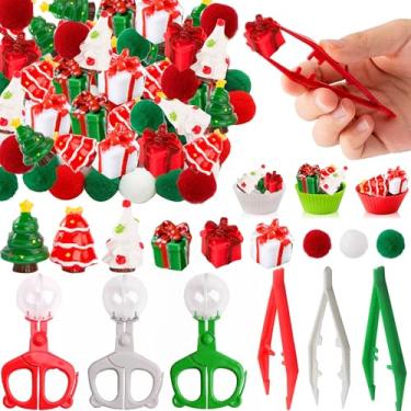 Imagem de 266 peças de enchimento sensorial de Natal recipientes sensoriais de inverno itens 200 pompons 30 caixas de presente de resina 20 mini árvores de Natal de resina 6 xícaras 9 pinças 1 caixa de