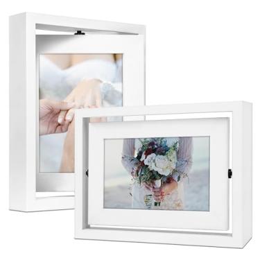 Imagem de Gdfmsc Porta-retrato giratório 12 x 17,8 cm, 2 unidades, tela dupla face, madeira de pinho, vidro verdadeiro, moldura vertical ou horizontal para mesa, branca