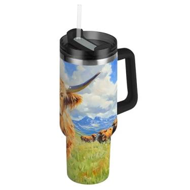 Imagem de SEHANY Copo Highland Cow de 850 g com tampa e canudo, aço inoxidável de vácuo duplo isolado garrafa de água esportiva suporte para copo de café de viagem à prova de vazamento para bebida gelada