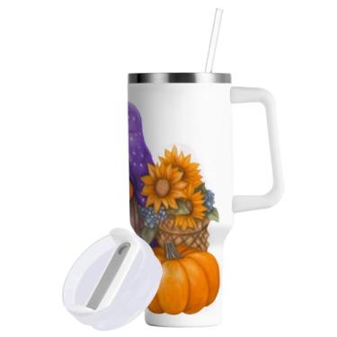 Imagem de ATTX Copo de 1,134 g Abóboras Girassóis Gnomos com Alça - Caneca de Viagem de Aço Inoxidável Isolada a Vácuo, Copo de Café à Prova de Vazamento com Canudo #415