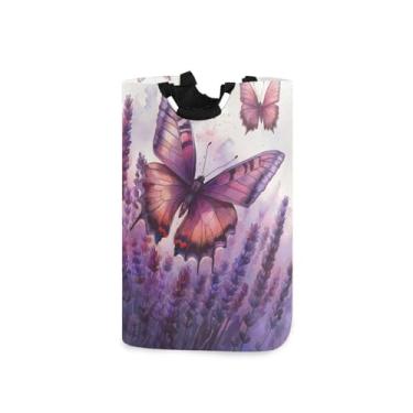 Imagem de ATTX Cesta de lavanderia de campo de lavanda com borboletas com alças acolchoadas – cesto de roupas dobrável à prova d'água para banheiro, quarto, dormitório, cesta organizadora de lavanderia