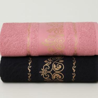 Imagem de Jogo de Toalha de Banho Conjunto de Duas PeçAs 100% AlgodãO Puro Excelente AbsorçãO de áGua Adequado para uso No Banheiro em Viagens Na NataçãO ou Na Academia(Kit 2Toalhas–Preto&Rosé)