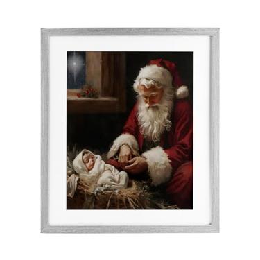 Imagem de Stupell Industries "Santa Believes with Baby Jesus", impressão emoldurada sob vidro, cinza, 13 x 16