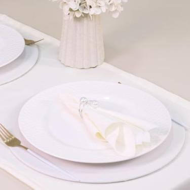 Imagem de Kit Mesa Posta Completo para 2 Lugares, Caminho de Mesa, Sousplats, Guardanapos, Anéis, 7 Peças, Material Oxford, Decoração Elegante (Palha/Anél Prata Pérola Duas Voltas)