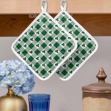 Imagem de Porta-panelas para cozinha - Conjunto de 2 almofadas quentes para forno à prova de calor, trevo de folhas da sorte, para o Dia de São Patrício, para cozinhar, assar