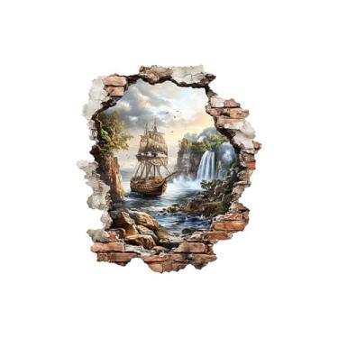 Imagem de MaiKeAYang Decalques de parede 3D murais removíveis vinil paredes decorações céu rio veleiro cachoeira para sala de estar quartos de bebê quarto banheiro casa parede decoração DIY