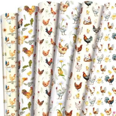 Imagem de TAKEALOOKO Papel de embrulho de frango de fazenda – 12 folhas com design floral de galo dobrado para aniversário, Natal, Natal, papel de embrulho de animais para suprimentos de festa de fazenda