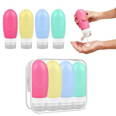 Imagem de 4 garrafas de silicone para viagem, tipo espremedor, à prova de vazamento, recarregáveis, recipientes espremíveis vazios para xampu e condicionador