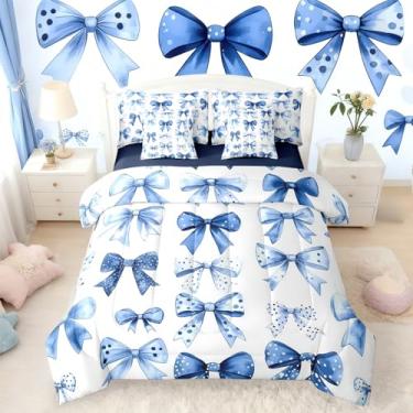 Imagem de Erosebridal Conjunto de edredom infantil azul casal com gravata borboleta de princesa ultramacia, nó de borboleta, 7 peças, decoração de quarto, tema de conto de fadas, decoração de quarto feminino