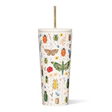 Imagem de Corkcicle Copo térmico Rifle Paper Co. Copo frio com tampa e canudo, creme Curio, 680 g – Garrafa de água reutilizável mantém as bebidas frias por 12 horas, quente 5 horas – Compatível com porta-copos