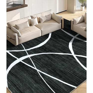 Imagem de YIHOUSE Tapete lavável 2,5 x 25,4 m - Tapete para sala de estar, quarto, grande, abstrato, preto e branco, antiderrapante, ultrafino, decoração de casa, curva preta, 2,4 x 3 m