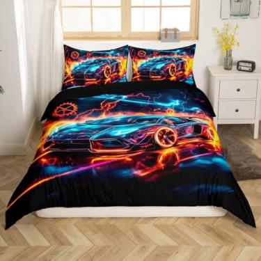 Imagem de Erosebridal Capa de edredom para meninos, carro de corrida de fogo, tamanho solteiro, azul e preto, para crianças, adolescentes e meninas, conjunto de cama para esportes radicais
