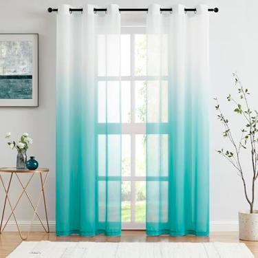 Imagem de Cortinas translúcidas ombré azul-petróleo 213 cm de comprimento para decoração de sala de estar e quarto, cortina de janela de chiffon gradiente com filtro de luz para quarto de meninas, jardim